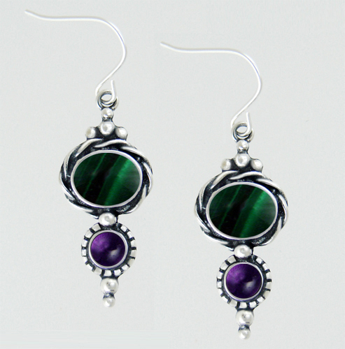 Sterling Silver Drop Dangle Earrings With Malachite And Amethyst